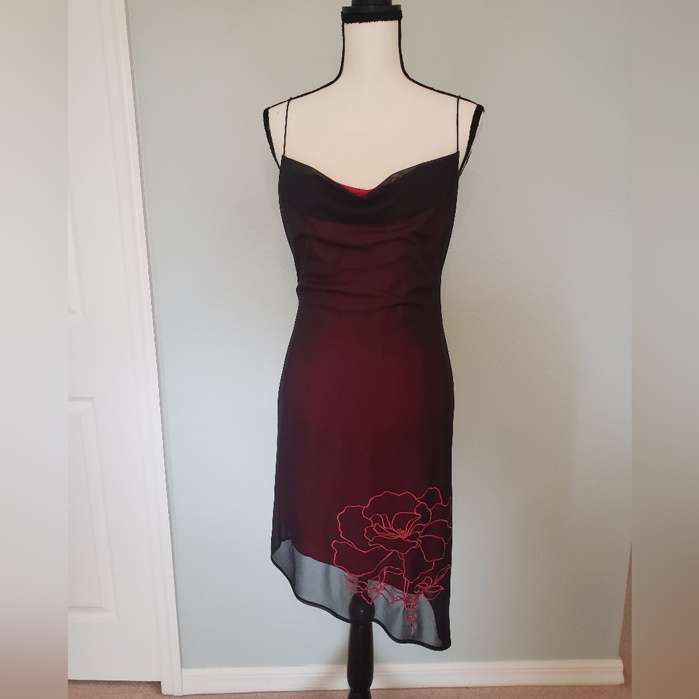 Asymmetrical fuschia and black dress